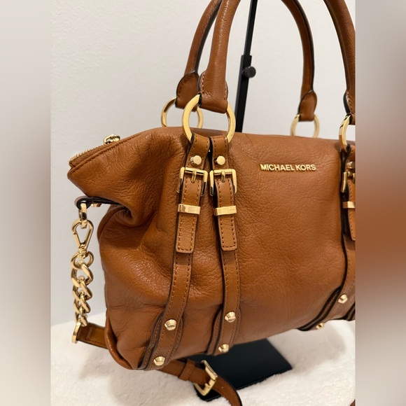 Michael Kors Medium Leigh Luggage Brown Tan Leather Satchel EUC - Picture 3 of 5